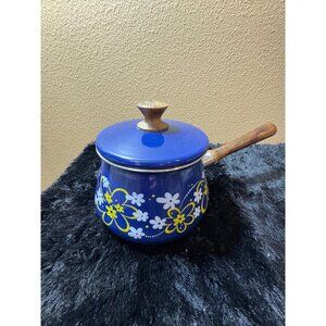 Vintage Retro Mid Century  Blue Enamel Floral Saucepan With Wooden Handle & Lid